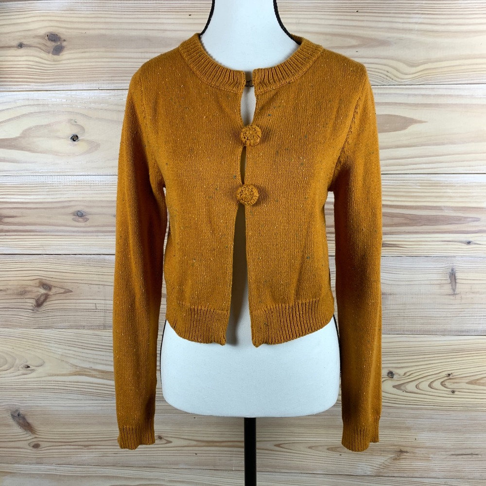 ModCloth Cardigan‎ Women Medium Mustard Yellow Confetti Knit Crop Sweater Retro
